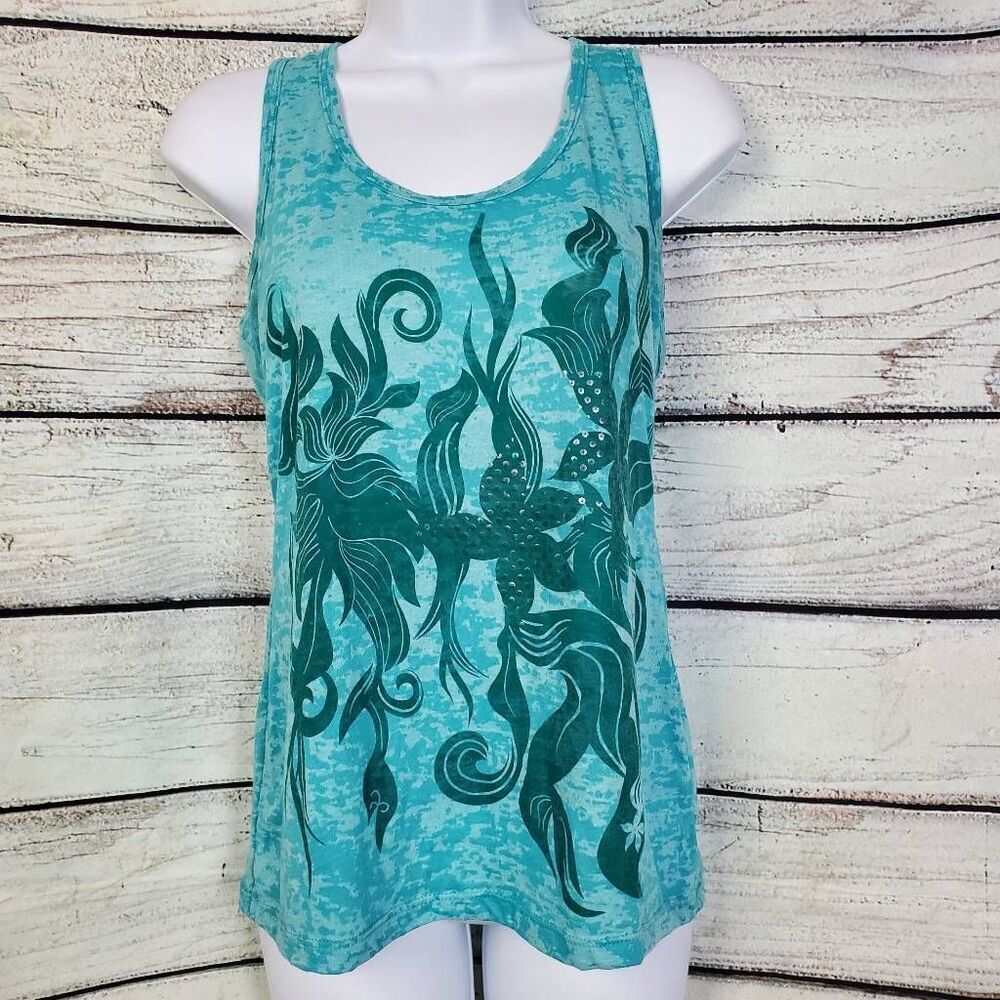 Maurices Women’s Turquoise Burnout Tank Top M Floral Graphic Sleeveless Casual U